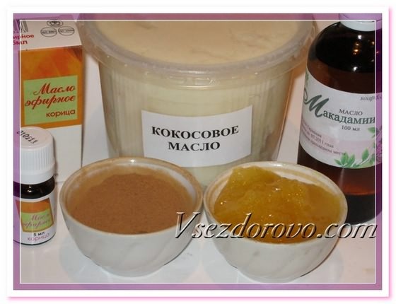 Для приготовления маск нам понадобятся мед, корица, масло кокоса, масло макадамии, эфирное масло корицы